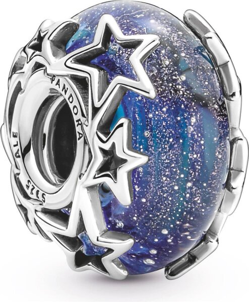 Pandora Charm 790015C00, silver, Murano glass, galaxy blue with stars, jewelry pendant, detailed, for bracelet, elegant design, sparkling accents, high-quality workmanship, ideal as a gift.