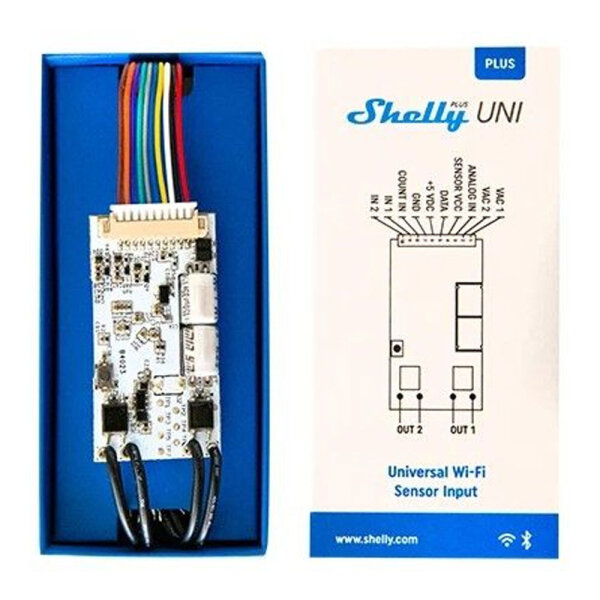 Shelly Plus Uni, model number: Plus Uni, smart home module, Wi-Fi & Bluetooth, versatile, compact, easy integration, supports automation, flexible control, compatible with many devices, secure connection