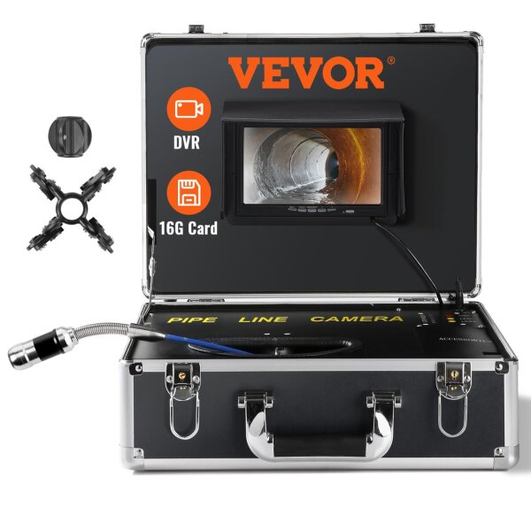 VEVOR H6FTR Inspection Camera 40m, 7" Display, DVR, 12V, IP68, 12 LEDs, 16GB SD, Locator, for Drains, Ventilation, Pipes, Home Installations