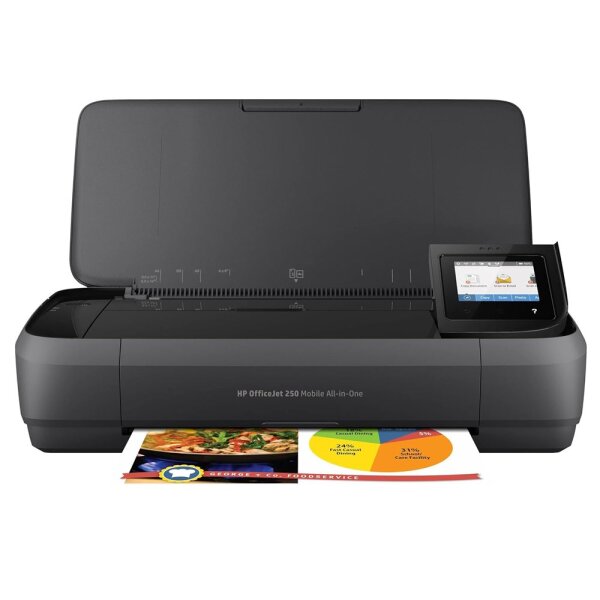 HP OfficeJet 250 All-in-One, mobile multifunction printer, model no., compact, wireless, print/scan/copy, battery-powered, minor signs of wear, ideal for on the go