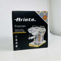 Ariete Espresso Positano, model no., espresso machine, 15 bar pressure, compact, milk frother, removable water tank, easy operation, modern design, ideal for aromatic espresso at home