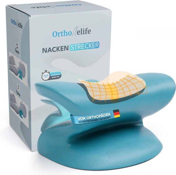 Nackenstrecker Pro, Modell NS-2024, Nackendehner – Ergonomisch geformt, aus hochdichtem Memory-Schaum, fördert gesunde Haltung, entspannt Nacken & Schultern, Schmerzlinderung in 10 Min., Farbe Blau