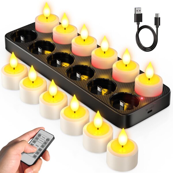 SoulBay LED Tealight Set, 12-pack, rechargeable, includes remote control & timer, charging station & USB cable, flickering light, ideal for living room, party, Halloween & Christmas decoration