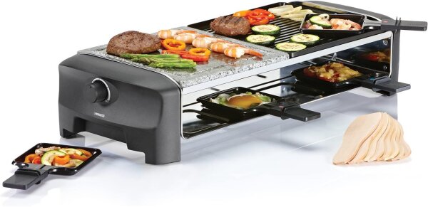 Princess Raclette Grill 162820, stone grill for 8 people, 8 pans, adjustable thermostat, non-stick, black, versatile for meat, vegetables and cheese, modern design, easy cleaning