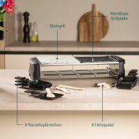 Princess Raclette Grill 162820, Steingrill für 8 Personen, 8 Pfännchen, regelbarer Thermostat, Antihaft, schwarz, vielseitig für Fleisch, Gemüse und Käse, modernes Design, einfache Reinigung