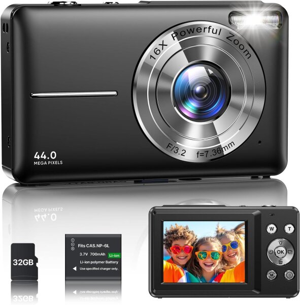 1080P digital camera, 44MP compact camera, 2.4" LCD, 16X zoom, 32GB card, 1 battery, portable, ideal for children, teenagers, beginners, black