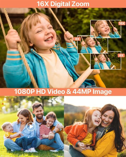 1080P digital camera, 44MP compact camera, 2.4" LCD, 16X zoom, 32GB card, 1 battery, portable, ideal for children, teenagers, beginners, black