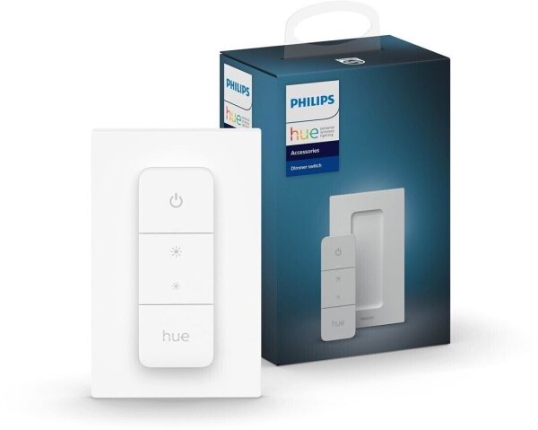 Philips Hue Dimmschalter V2, Modell 929002398602, kabelloser Lichtschalter, für smarte Lichtsteuerung, dimmt und schaltet Hue Lampen, einfache Wandmontage, batteriebetrieben, kompakt und flexibel einsetzbar.