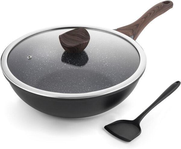 Kordisen Induction Wok Pan 30cm, Model 04050130CG, Cast Aluminum, Stone-Effect Coating, Lid, PFOA-Free, Suitable for All Hobs, Black, Scratch-Resistant, Heat-Resistant, Ergonomic Handle