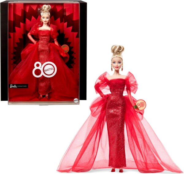 Barbie Mattel Signature JBJ17 Jubiläumspuppe, Sammleredition, blond, rotes Glitzertüllkleid, tropfenförmige Ohrringe, elegante Handschuhe, limitiert, 80 Jahre, exklusives Design