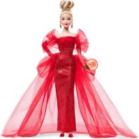 Barbie Mattel Signature JBJ17 Jubiläumspuppe, Sammleredition, blond, rotes Glitzertüllkleid, tropfenförmige Ohrringe, elegante Handschuhe, limitiert, 80 Jahre, exklusives Design