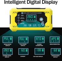 6A Autobatterieladegerät 12V, intelligentes, vollautomatisches Ladegerät mit Erhaltungsfunktion, Temperaturkompensation, LCD-Display, geeignet für Auto, LKW, Motorrad, Rasenmäher, Boot, Schiffsbatterien