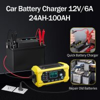 6A Autobatterieladegerät 12V, intelligentes, vollautomatisches Ladegerät mit Erhaltungsfunktion, Temperaturkompensation, LCD-Display, geeignet für Auto, LKW, Motorrad, Rasenmäher, Boot, Schiffsbatterien