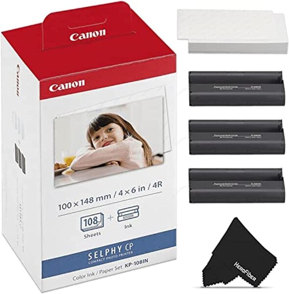 Canon KP-108IN Set, ink cartridge & photo paper, 100x148 mm, compatible with Selphy CP series, 108 prints, brilliant color reproduction, easy handling, ideal for high-quality photo prints at home