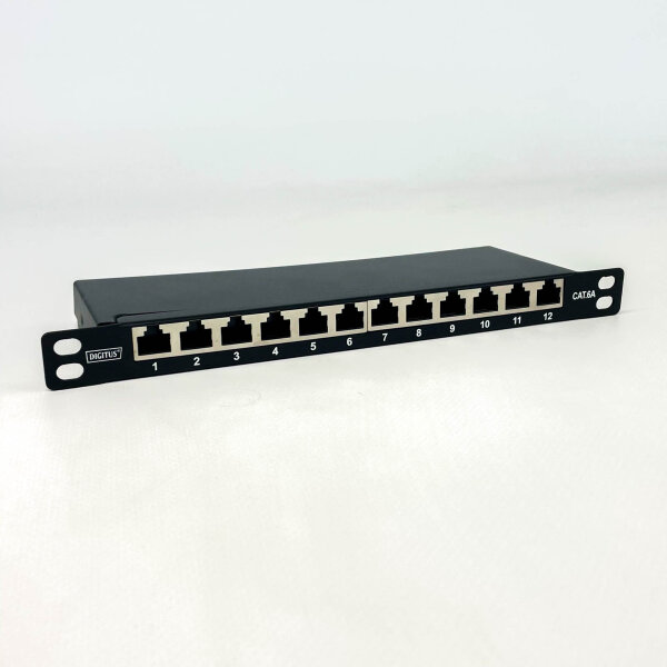 DIGITUS Cat.6a patch panel, 12 ports, 0.5U, shielded, black, model DN-91612S-SL-EA – compact network panel for professional cabling, high transmission rates, robust design