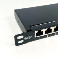 DIGITUS Cat.6a patch panel, 12 ports, 0.5U, shielded, black, model DN-91612S-SL-EA – compact network panel for professional cabling, high transmission rates, robust design