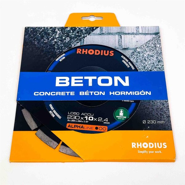RHODIUS LD50 diamond cutting disc 230mm, 2.4mm thickness, 10mm segment height, for precise cutting of concrete, stone and building materials, durable, efficient, professional quality