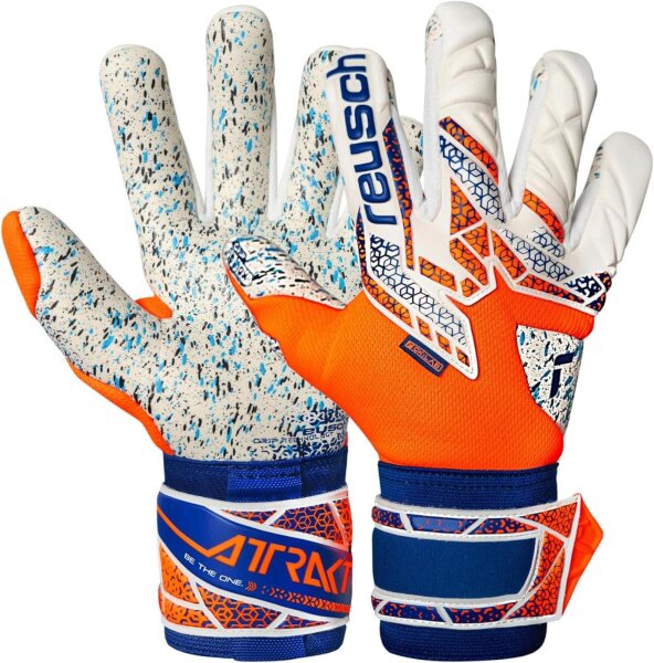 Reusch Attrakt Fusion 5570983 Torwarthandschuhe, Unisex, Größe 9, griffige Fusion-Beschichtung, ergonomische Passform, orange/weiß/blau, optimaler Grip und Aufprallschutz