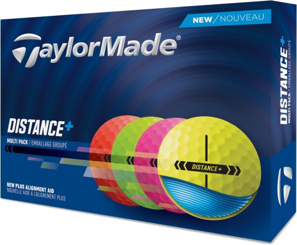 TaylorMade Distance+ Golfbälle, Modellnr, farbiges Set in Rot, Grün, Rosa, Gelb, hohe Sichtbarkeit, optimierte Weite, weiches Schlaggefühl, langlebige Schale, ideal für alle Spielstärken