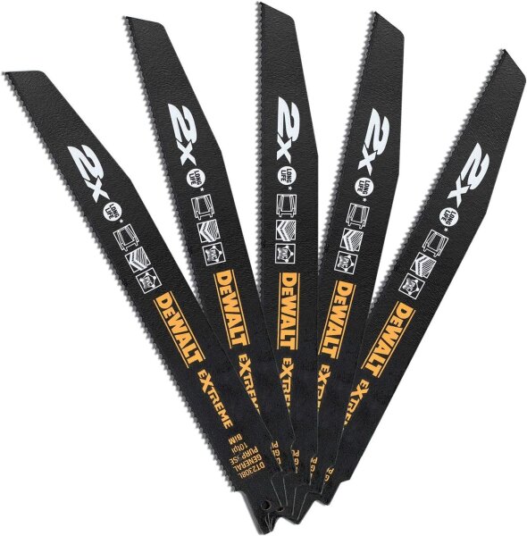 Dewalt DT2308L-QZ bi-metal reciprocating saw blades, 5-pack, 228 mm, 2.5 mm tooth pitch, special tooth shape, fast cuts in various materials, durable, for professional applications