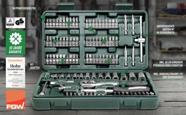 Brüder Mannesmann M29166 Socket Wrench and Bit Set, 130-piece – Tool case with ratchet, screwdrivers, hex keys, sockets & 100 bits made of robust chrome vanadium steel
