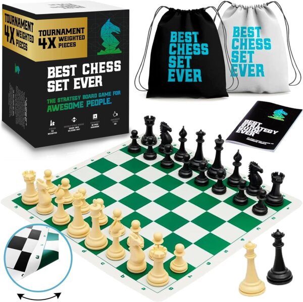 Best Chess Set Ever 4X, BKG-004, Large chess set with 20" foldable silicone board, 11.4 cm king, quadruple weighted, Staunton pieces – Robust chess game for children & adults