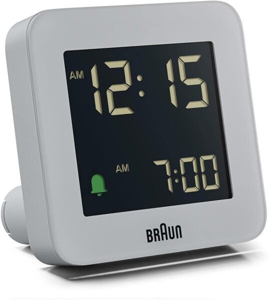 Braun BC09G Digital Alarm Clock Grey, model with snooze function, negative LCD display, fast time setting and rising alarm tone – modern alarm clock for stylish bedroom.