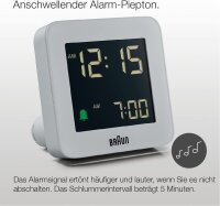 Braun BC09G Digital Alarm Clock Grey, model with snooze function, negative LCD display, fast time setting and rising alarm tone – modern alarm clock for stylish bedroom.