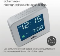 Braun BC09G Digital Alarm Clock Grey, model with snooze function, negative LCD display, fast time setting and rising alarm tone – modern alarm clock for stylish bedroom.