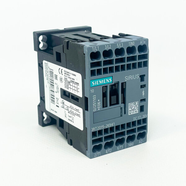 Siemens Koppelschütz 3RT2015-2KB41, Schaltleistung 7A/3kW, 3-polig, Spulenspannung DC24V, 1 Schließer, Federzuganschluss, für AC3-Anwendungen, kompakt und zuverlässig