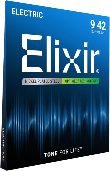 Elixir electric guitar strings, lightweight, nickel-plated, Optiweb coating, durable, brilliant sound