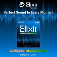Elixir electric guitar strings, lightweight, nickel-plated, Optiweb coating, durable, brilliant sound