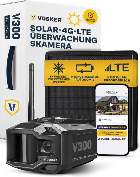Vosker V300 Ultimate 4G-LTE Outdoor Überwachungskamera, Modell V300, mit 15.000-mAh-Solar-Powerbank, SIM-Karte, Livestream, autark ohne WLAN, wetterfest, ideal für abgelegene Standorte