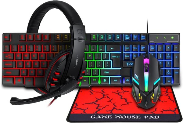 T-Wolf TF800 Gaming Set, Model TF800, 4-piece: QWERTY keyboard with 104 keys, LED mouse, headset, mousepad, compatible with PC, Xbox, Switch, colorful lighting, ideal for gamers