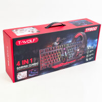 T-Wolf TF800 Gaming Set, Model TF800, 4-piece: QWERTY keyboard with 104 keys, LED mouse, headset, mousepad, compatible with PC, Xbox, Switch, colorful lighting, ideal for gamers