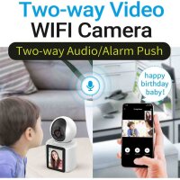 Smart camera white, model no., video calls, people detection, night vision, one-button call, 120° wide angle, product type: surveillance camera, features: smart video call, clear night vision, easy operation