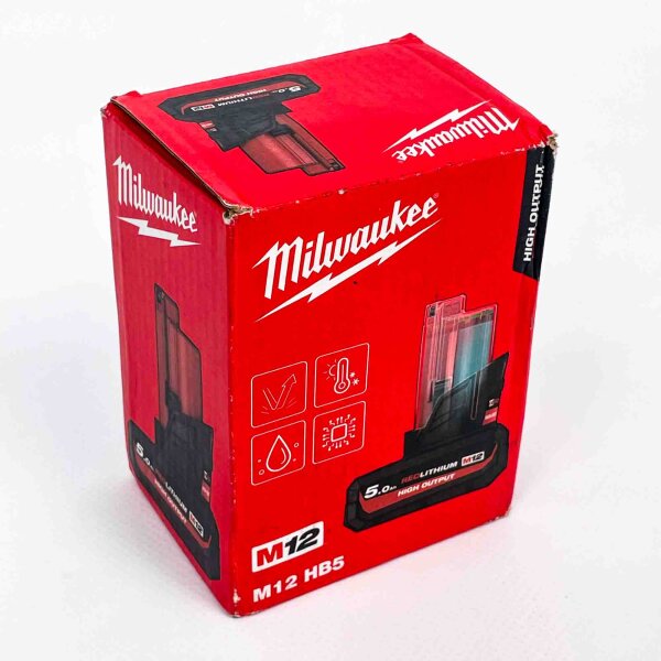 Milwaukee M12HB5 Battery 5.0Ah, Model 4932480165, High Output, Rechargeable, Lithium-Ion, Compact, Durable, High Performance, Ideal for M12 Tools, Fast Charging Time, Robust Design, Reliable Power Source