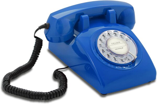 Opis Retro Telephone, 1960s Model, Corded, Landline Telephone, Classic Design, Blue Color, Large Rotary Dial, Nostalgic Look, Robust Construction, Ideal for Vintage Lovers and Stylish Living Spaces