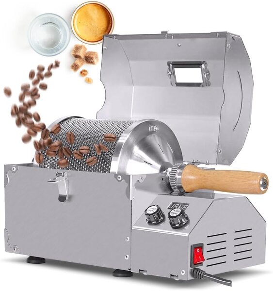Elektrischer Kaffeebohnenröster Edelstahl, Modell mit Thermometer, 100–300°C, automatische Rotation, für gleichmäßiges Rösten, leichte Kratzer, ideal für frische Kaffeebohnen, vielseitig einsetzbar