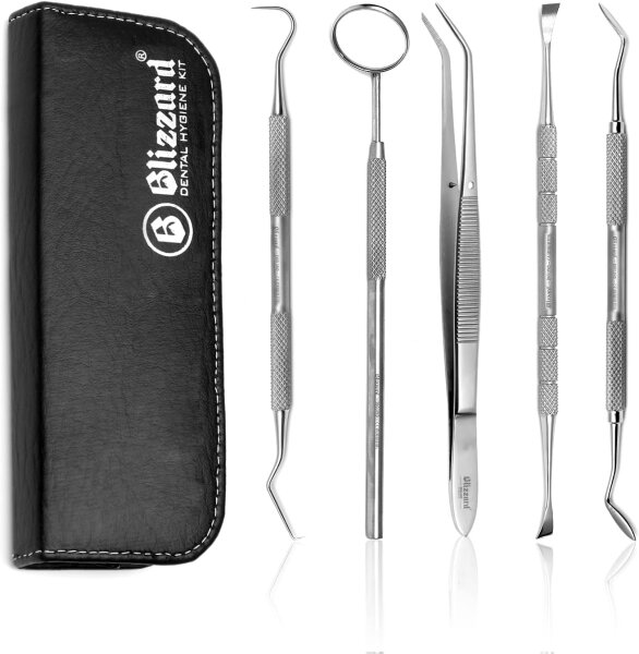 Blizzard Dental Set 5-piece – Professional stainless steel dental cleaning instruments, including tweezers, tartar remover, mouth mirror & case – For thorough plaque removal and optimal oral hygiene