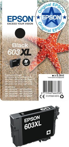 Epson 603XL Tinte Schwarz, 8,9ml, Einzelpatrone, Original, XL-Kapazität, kompatibel mit WF-2820DWF, WF-2830DWF, WF-2840DWF, XP-2100, XP-3100, ReadyPrint Flex geeignet, Modell C13T03A14010