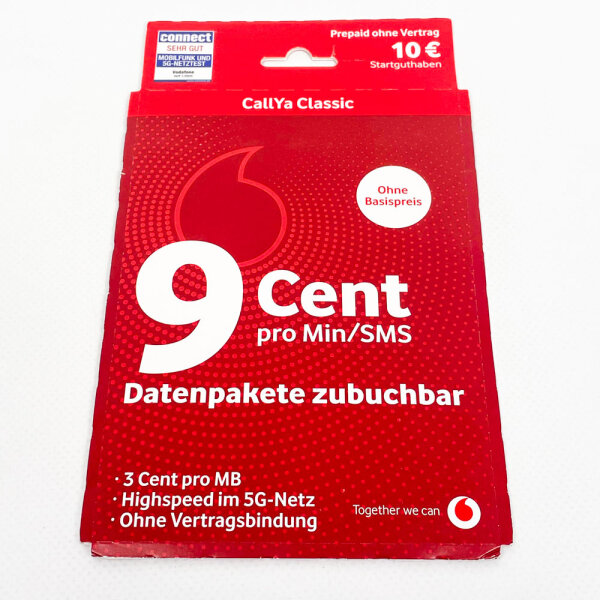 Vodafone CallYa Classic prepaid card, model no. 01/2025, SIM card for mobile phones, 9 cents/min/SMS, €10 starting credit, EU roaming included, flexible & without contract, ready to use immediately