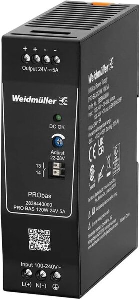 Weidmüller PRO BAS Netzteil 120W, 24V, 5A, Hutschiene, 1 Stück – Kompaktes DIN-Rail-Schaltnetzteil für industrielle Anwendungen, zuverlässige Stromversorgung, einfache Montage, hohe Effizienz