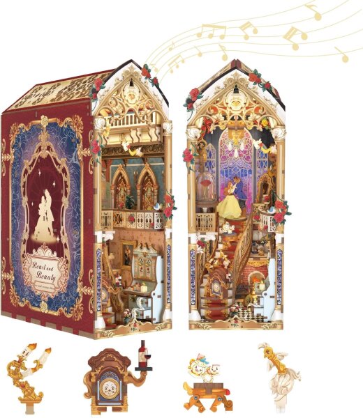 Tonecheer Book Nook Kit Die Schöne und das Biest, Modell Beast & Beauty, DIY 3D Miniatur Holzhaus mit Staubschutz, zauberstabkompatibel, kreative Bücherregal-Deko, originelles Geschenk für Erwachsene