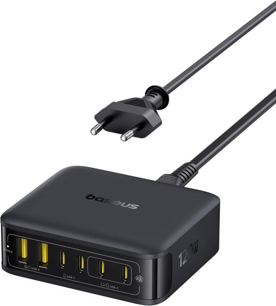 Baseus 120W GaN USB-C Ladegerät, 6-Port Desktop-Ladestation, Schnellladegerät für iPhone 17/16/15, MacBook Air, Galaxy, iPad, mehrere Geräte gleichzeitig laden, kompakt, vielseitig, PD Charger