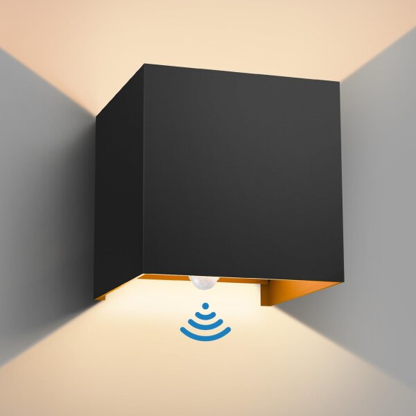 Vatato LED wall light, model 12W, suitable for indoor and outdoor use, motion sensor, adjustable beam, 3000K warm white, IP65, modern, for bedroom, garden, hallway, black, 1 piece