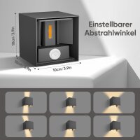 Vatato LED wall light, model 12W, suitable for indoor and outdoor use, motion sensor, adjustable beam, 3000K warm white, IP65, modern, for bedroom, garden, hallway, black, 1 piece