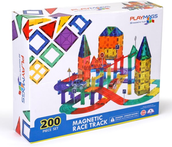 Playmags Magnetfliesen-Set 200-tlg, inkl. Rennstrecke & 2 motorisierte Autos, Konstruktionsspielzeug für Kinder ab 3 Jahren, kreatives Bauen & Spielen