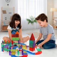 Playmags Magnetfliesen-Set 200-tlg, inkl. Rennstrecke & 2 motorisierte Autos, Konstruktionsspielzeug für Kinder ab 3 Jahren, kreatives Bauen & Spielen