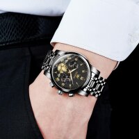 OLEVS Herren Quarzuhr, Edelstahl, Modell mit römischen Zahlen, Mondphasenanzeige, wasserdicht, leuchtende Zeiger, klassisch-elegantes Design, schwarz-goldenes Armband, stilvolle Armbanduhr für Männer